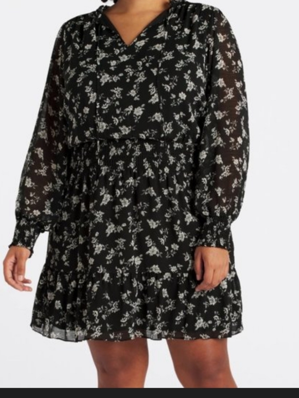 Stitch Fix Nine Britton Black Dress w White Floral Print Smocked Waist Plus 2X